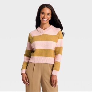 Women's Long Sleeve High V-Neck Pullover Sweater - A New Day™ Pink S